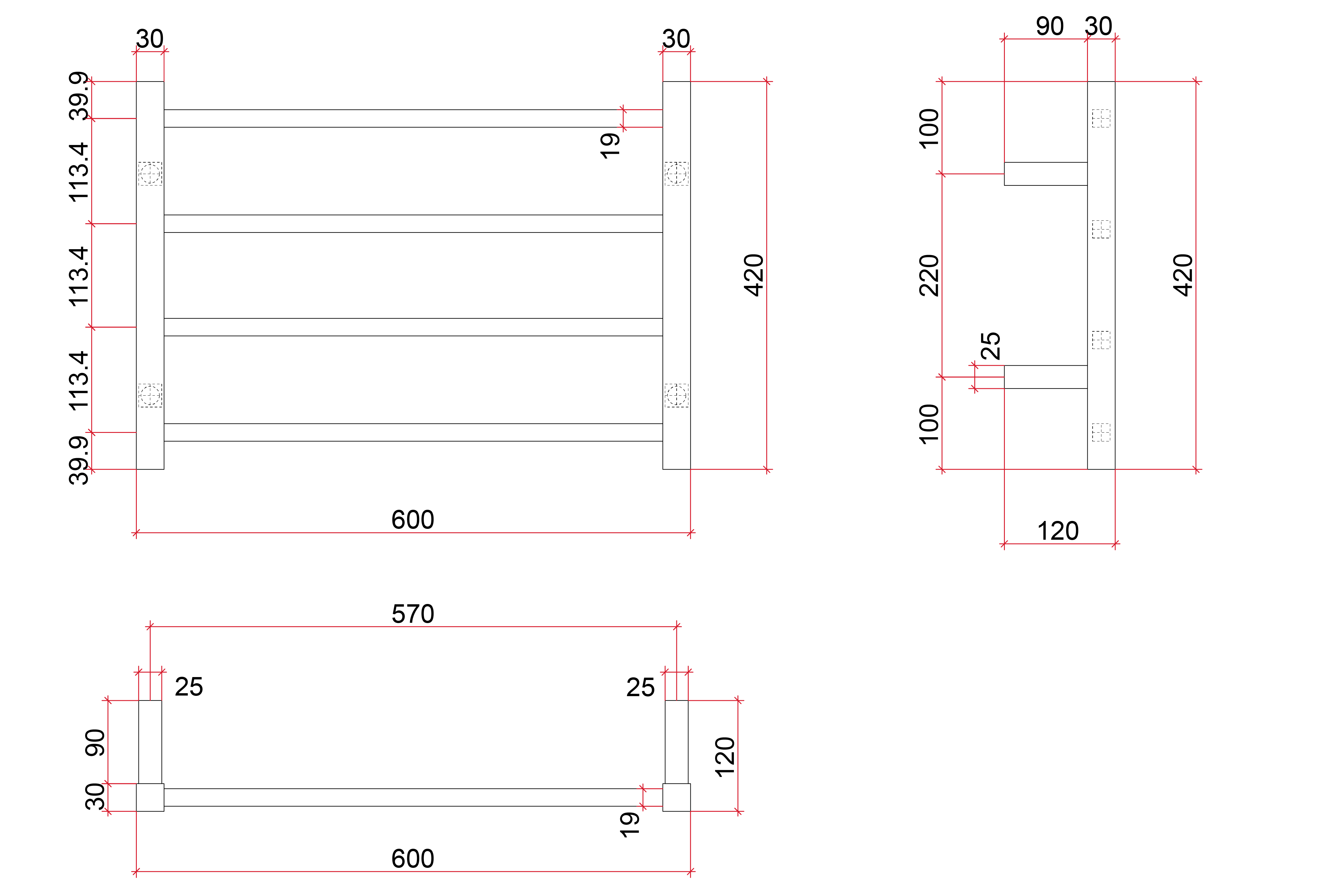 Thermorail Straight/Square 600x420x120mm 47Watts 4 Bars