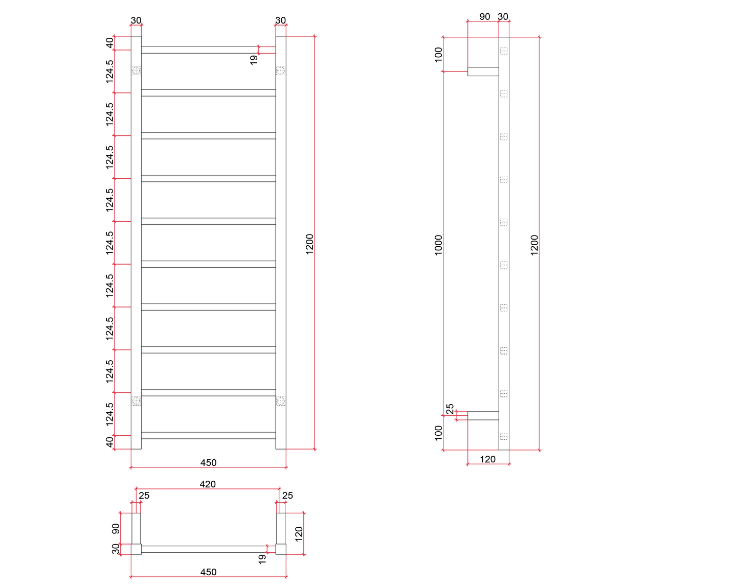 Thermorail Straight/Square 450x1200x120mm 89Watts 10 Bars