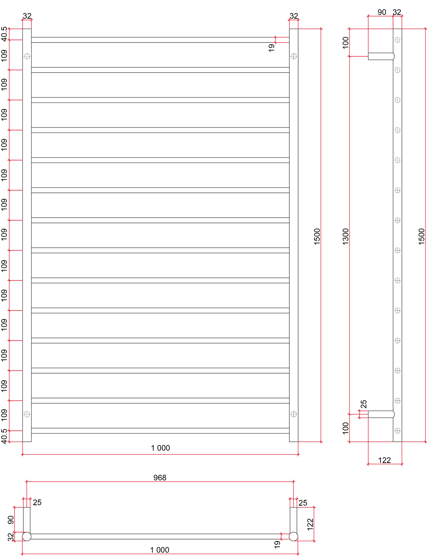 Thermorail Straight/Round 1000x1500x122mm 244Watts 14 Bars