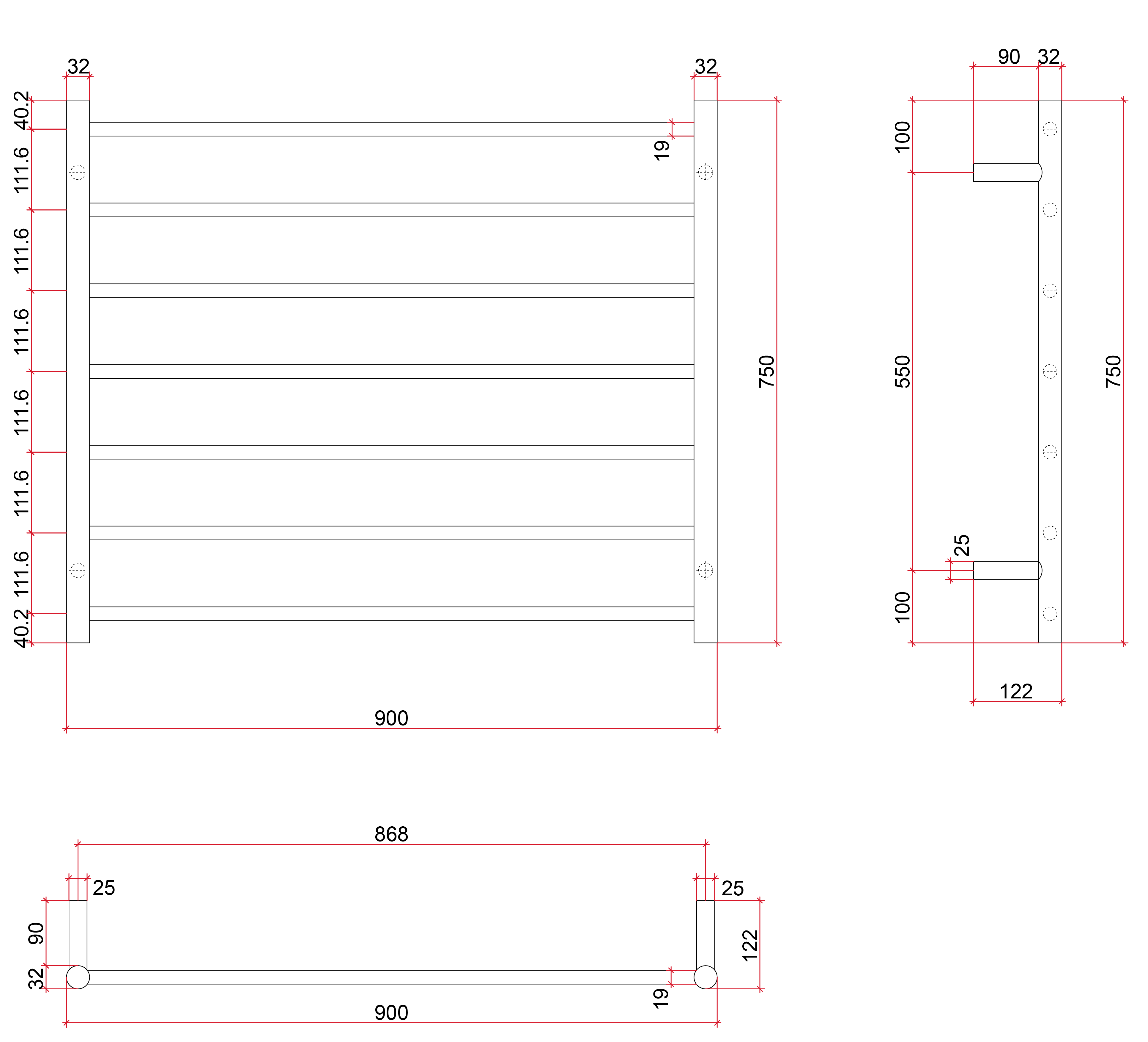 Thermorail Straight/Round 900x750x122mm 100Watts 7 Bars