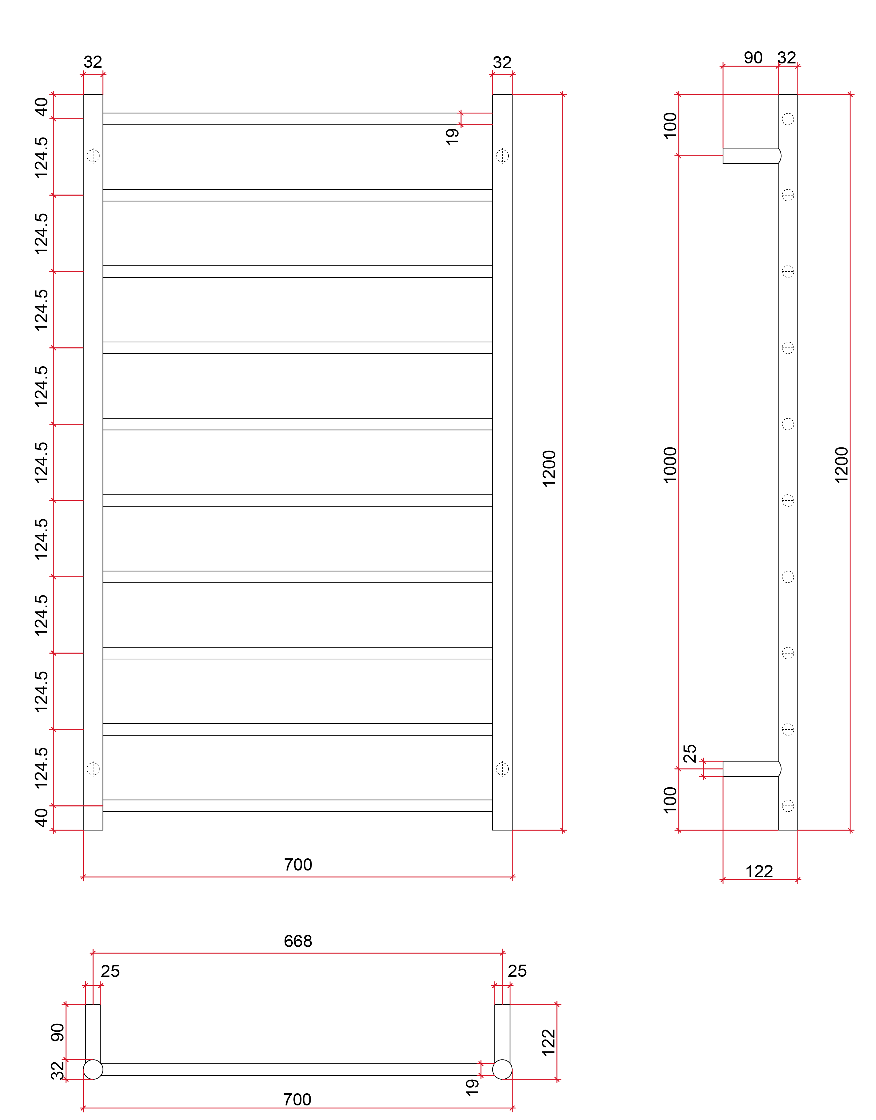 Thermorail Straight/Round 700x1200x122mm 128Watts 10 Bars