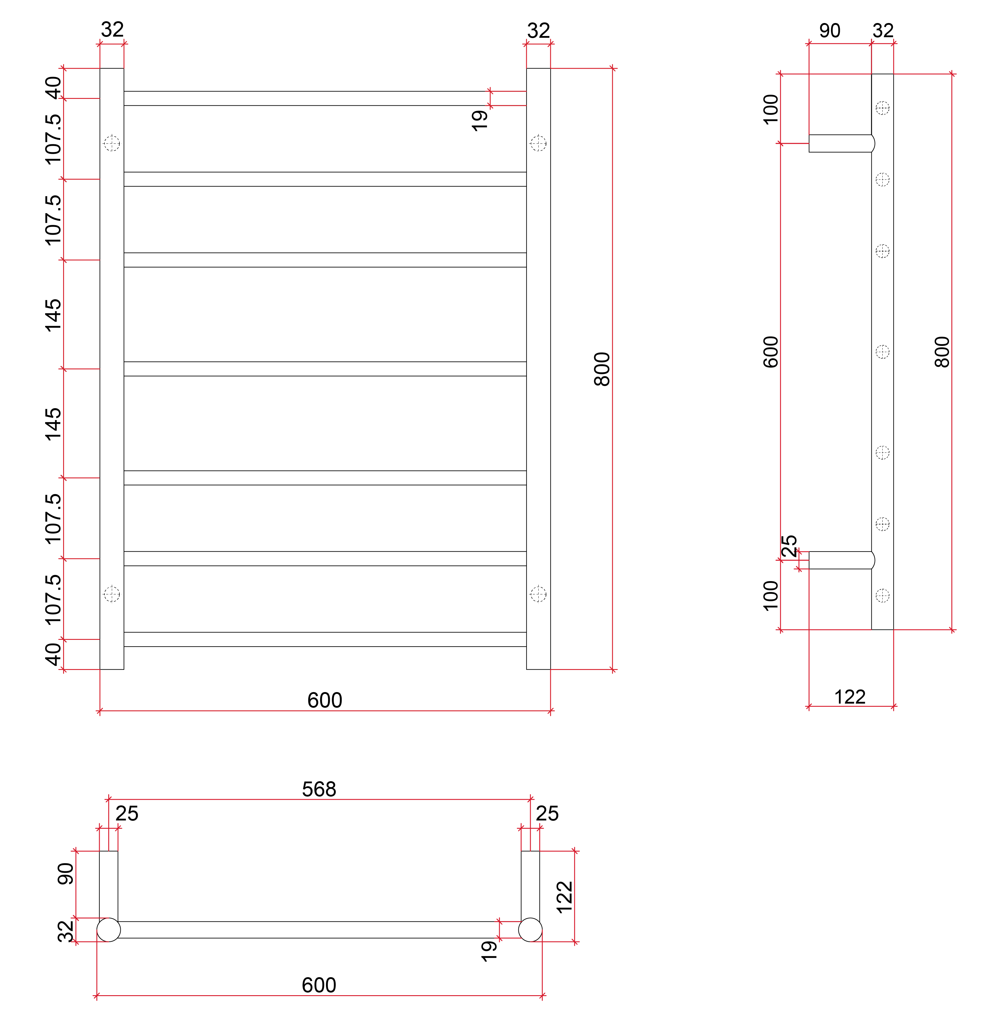 Thermorail Straight/Round 600x800x122mm 80Watts 7 Bars - White