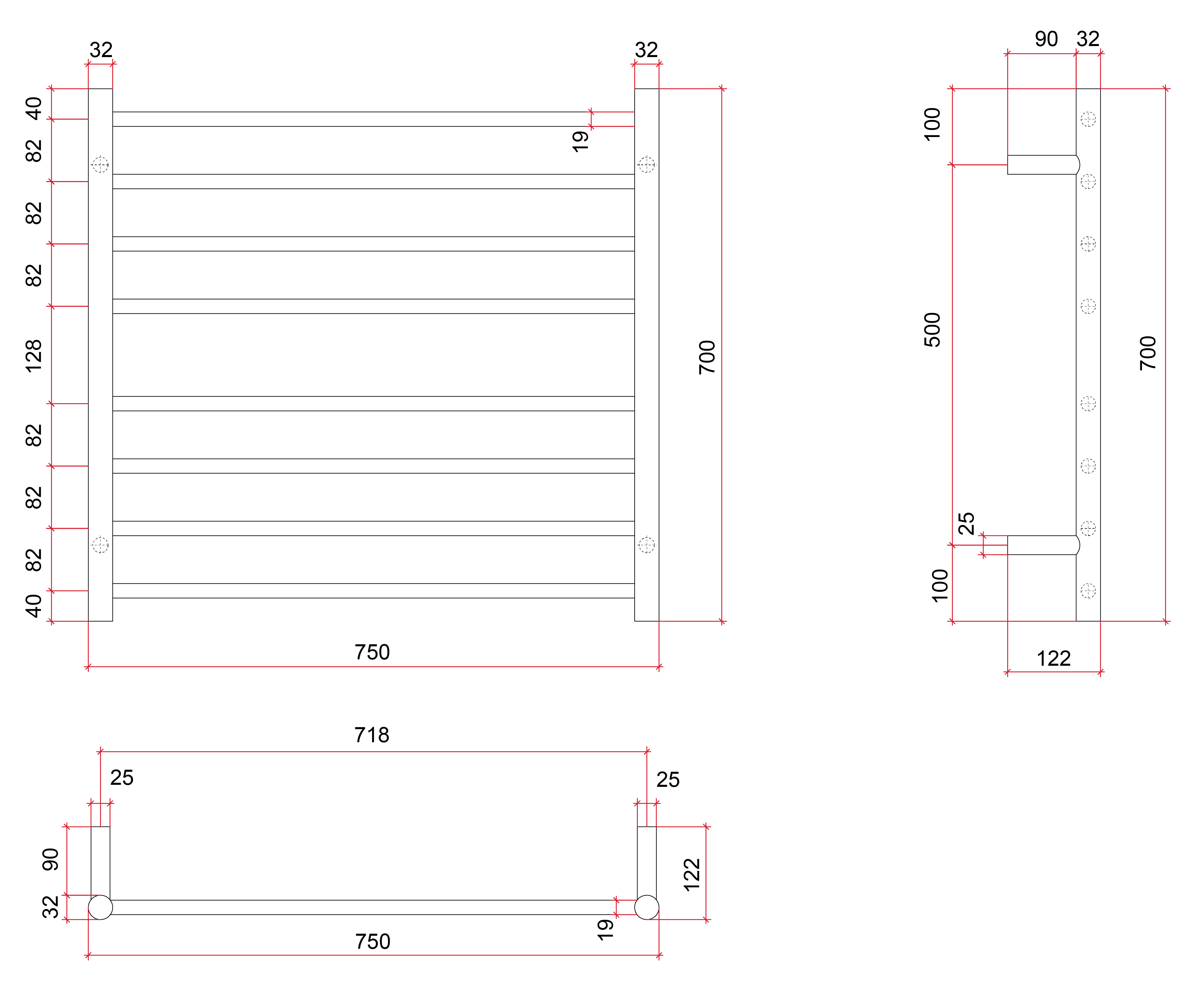 Thermorail Straight/Round 750x700x122mm 104Watts 8 Bars