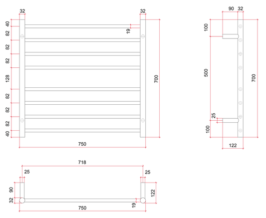 Thermorail Straight/Round 750x700x122mm 104Watts 8 Bars
