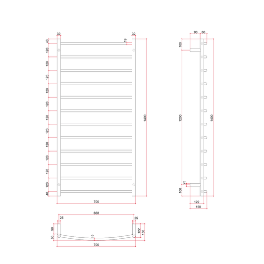 Thermorail Curved/Round 700x1400x150mm 153Watts 12 Bars