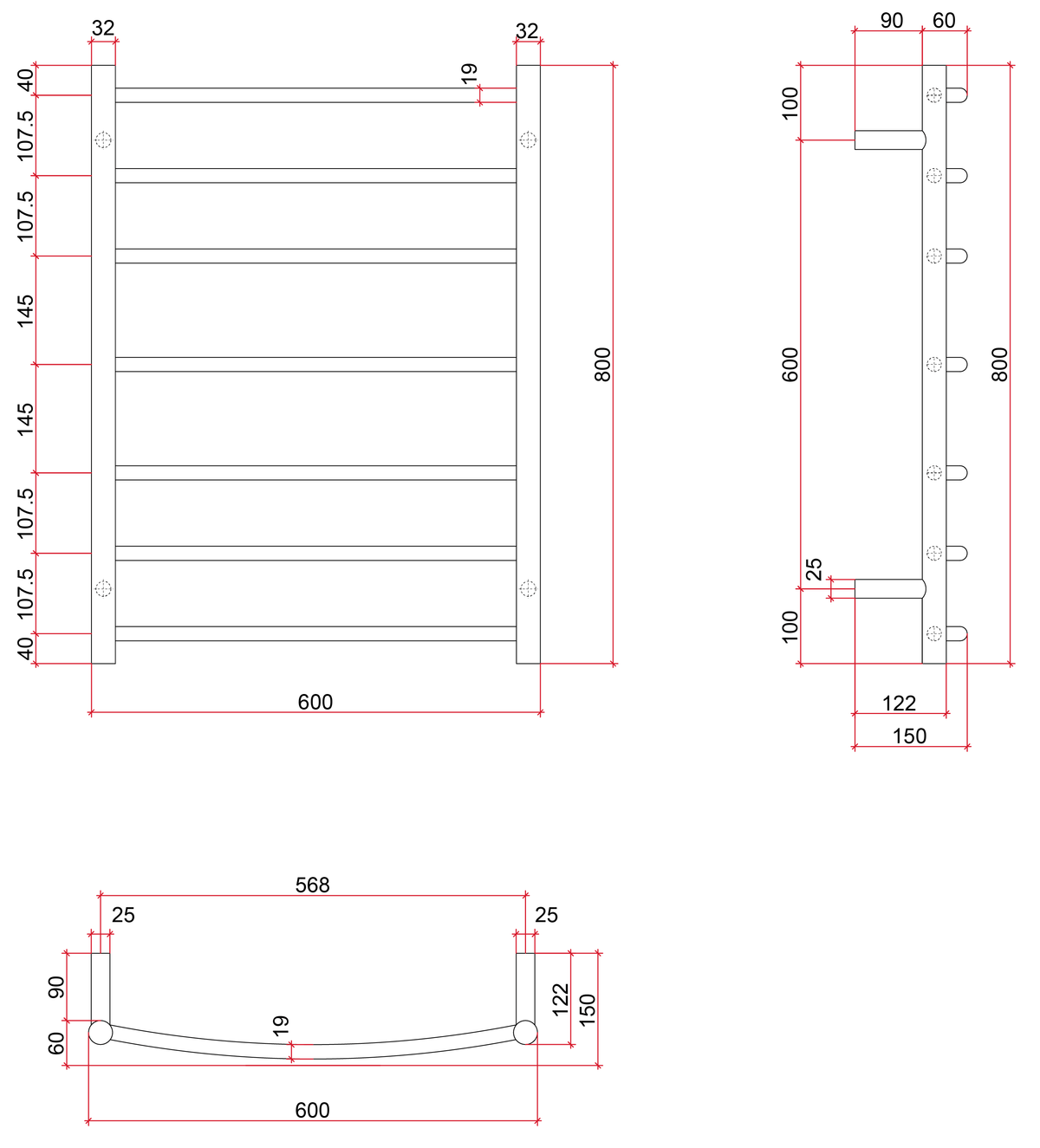 Thermorail Budget Curved/Round 600x800x150mm 80Watts 7 Bars