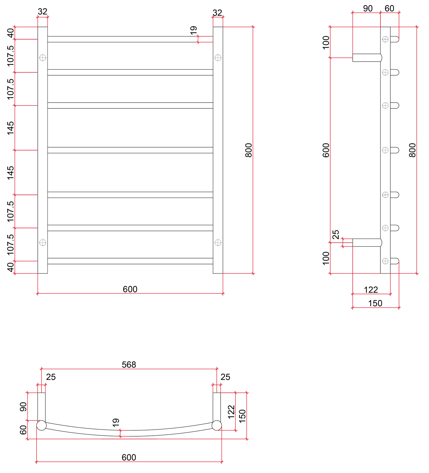 Thermorail Curved/Round 600x800x150mm 80Watts 7 Bars