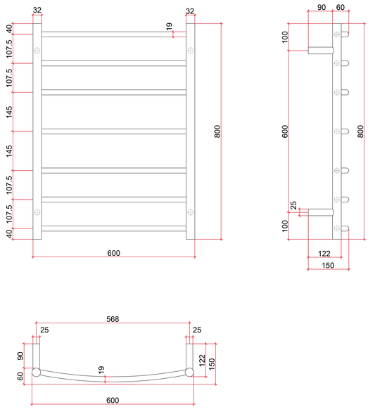 Thermorail Curved/Round 600x800x150mm 80Watts 7 Bars