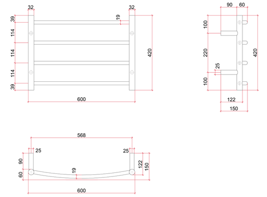 Thermorail Curved/Round 600x420x150mm 45Watts 4 Bars