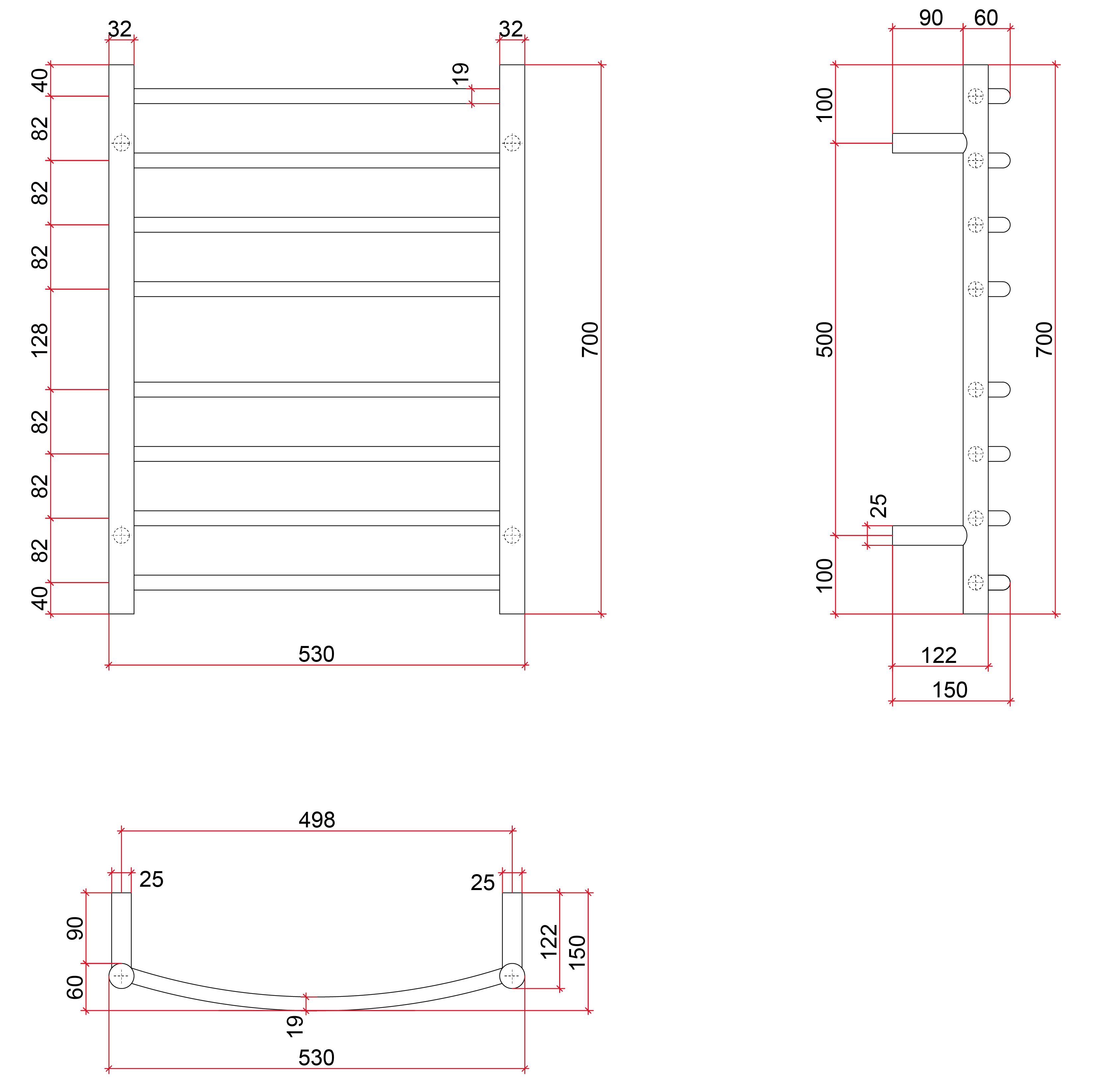 Thermorail Curved/Round 530x700x150mm 78Watts 8 Bars