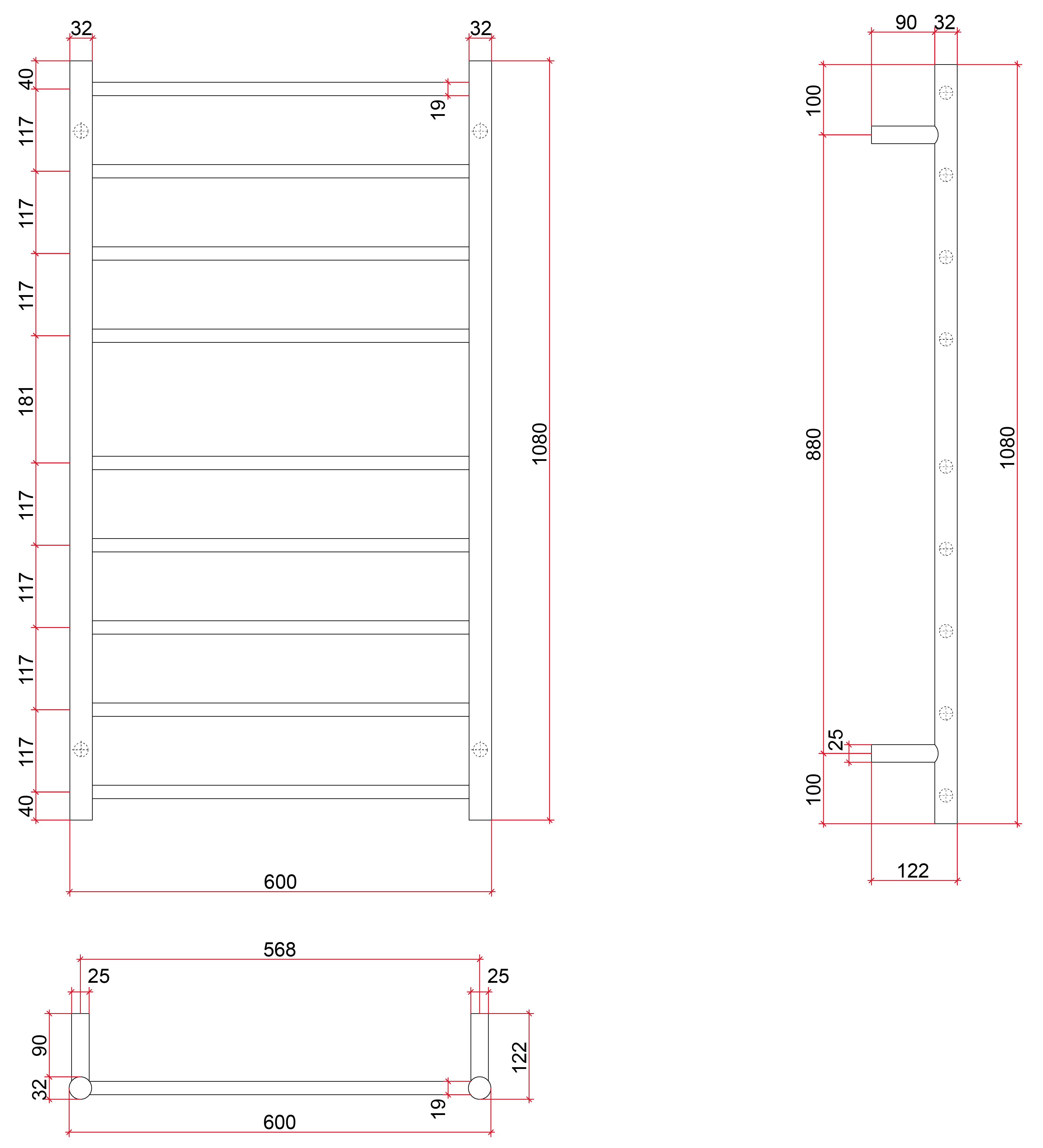 Thermorail Budget Straight/Round 600x1080x122mm 103Watts 9 Bars