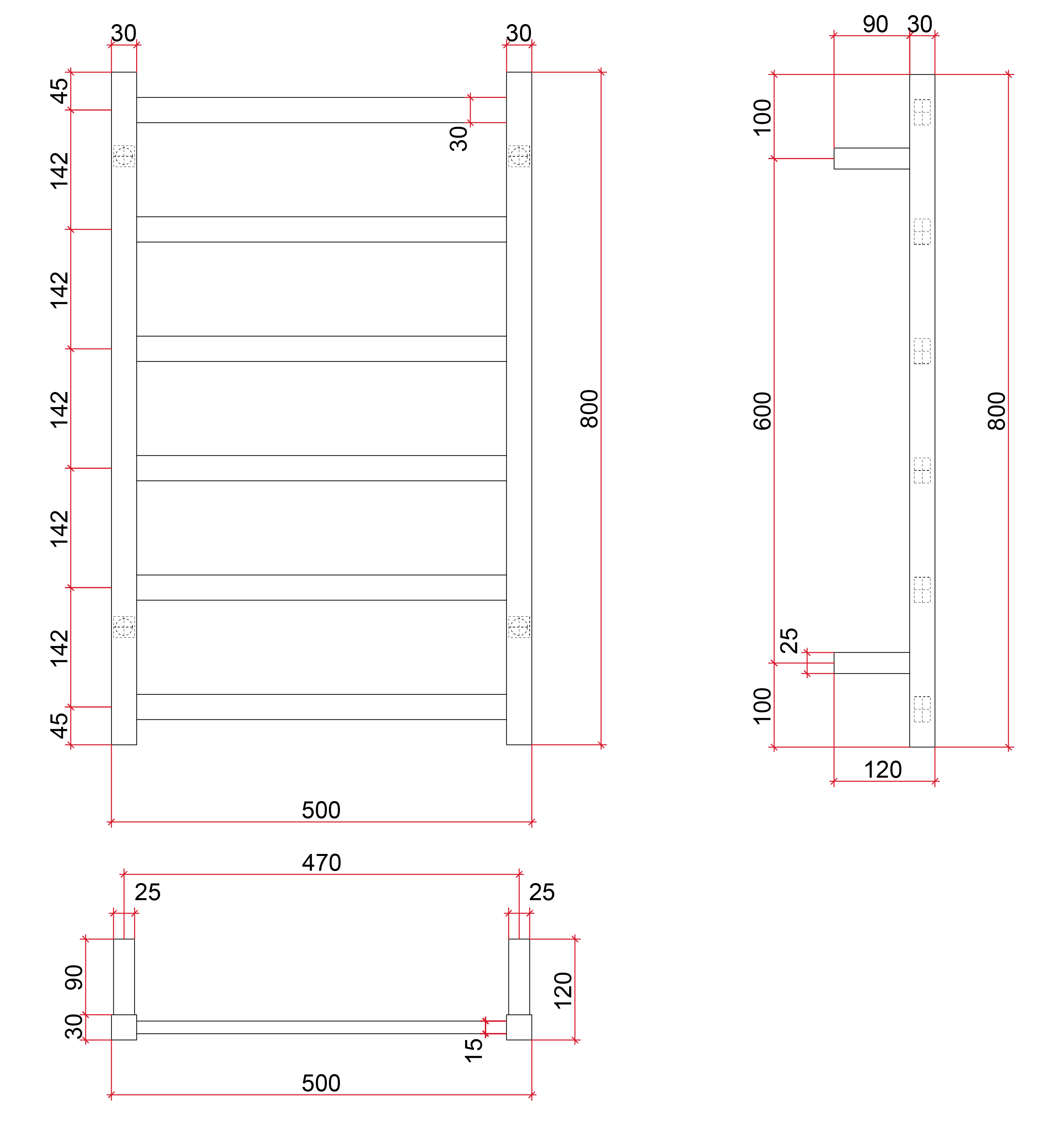 Thermorail Budget Straight/Square 500x800x120mm 81Watts 6 Bars