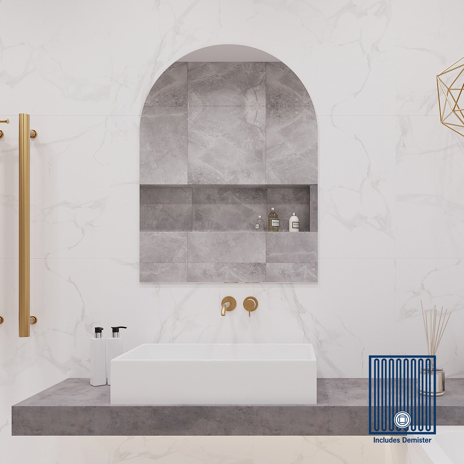 Aspen Polished Edge Arch Mirror 500x800mm with Hangers and Demister