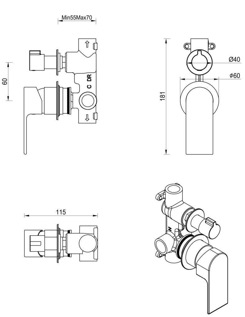 Eleniko Shower Mixer Diverter - 2P - TRIM KIT ONLY