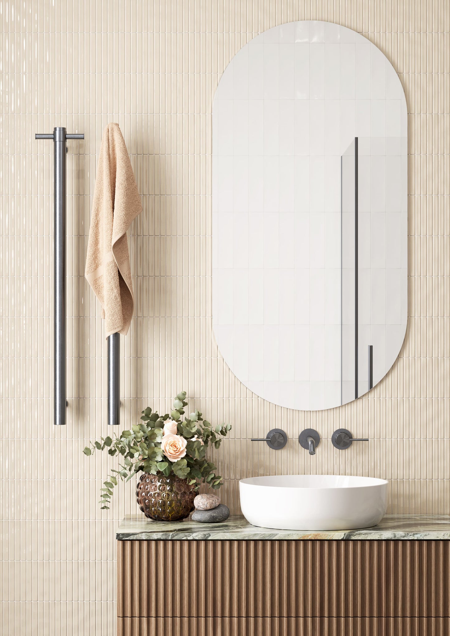 Thermorail Straight/Round 240Volt Vertical Bar 900x142x100mm 20Watts With Optional Hook - Brushed Gun Metal