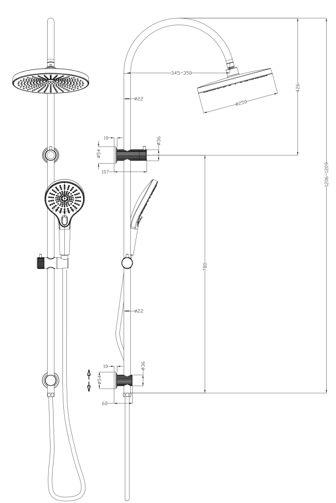 Mica Fluted Gooseneck Dual Shower Rail