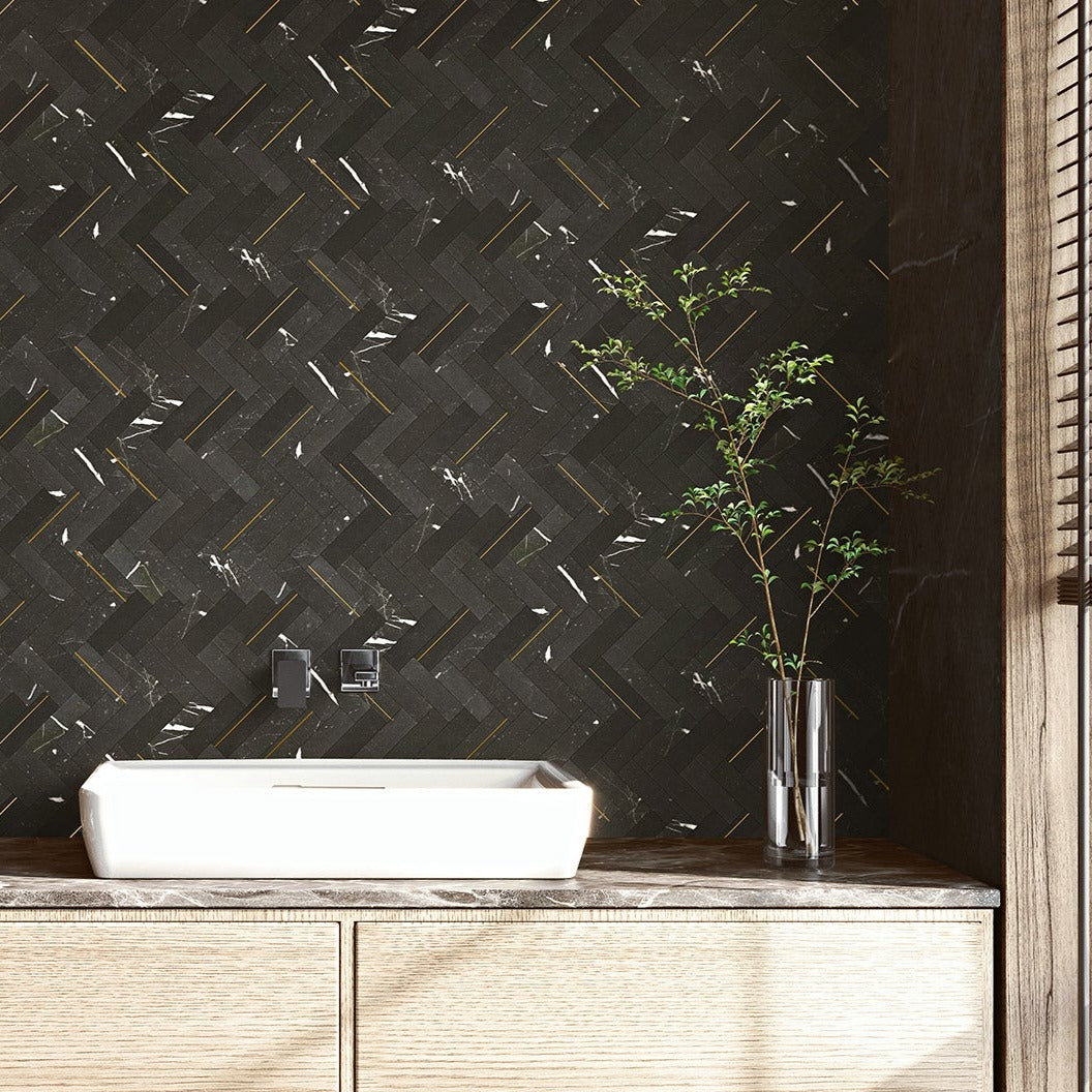 Imperial Herringbone Nero Marquina Mosaic