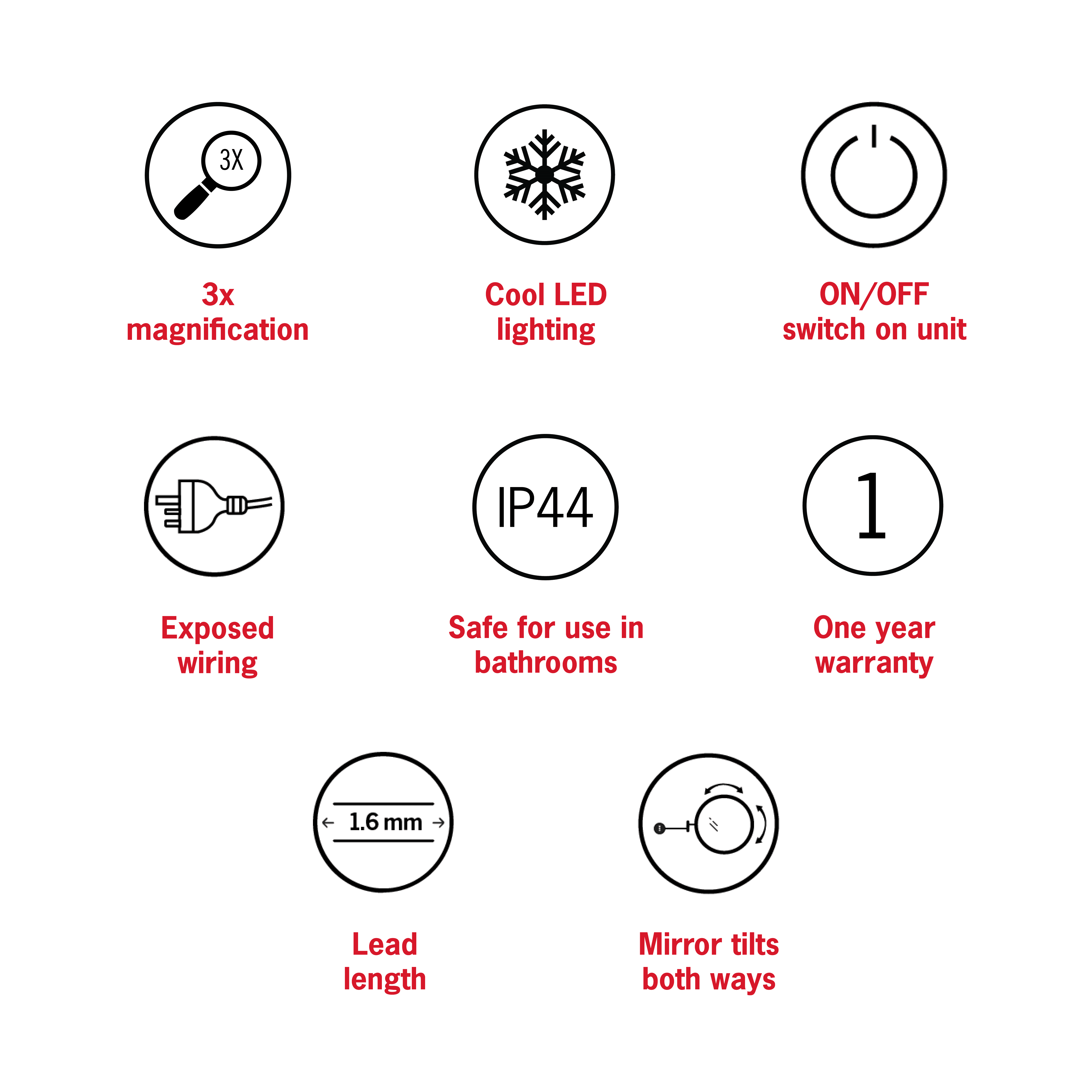 3x Magnification Chrome Wall Mounted Shaving Mirror, 250mm Diameter with Exposed Wiring