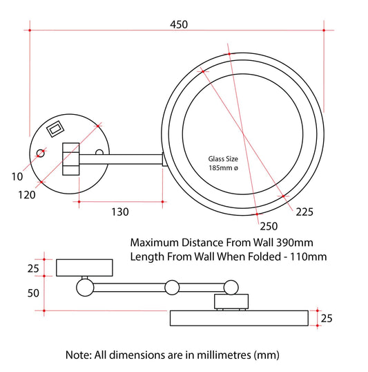 3x Magnification Chrome Wall Mounted Shaving Mirror, 250mm Diameter with Concealed Wiring