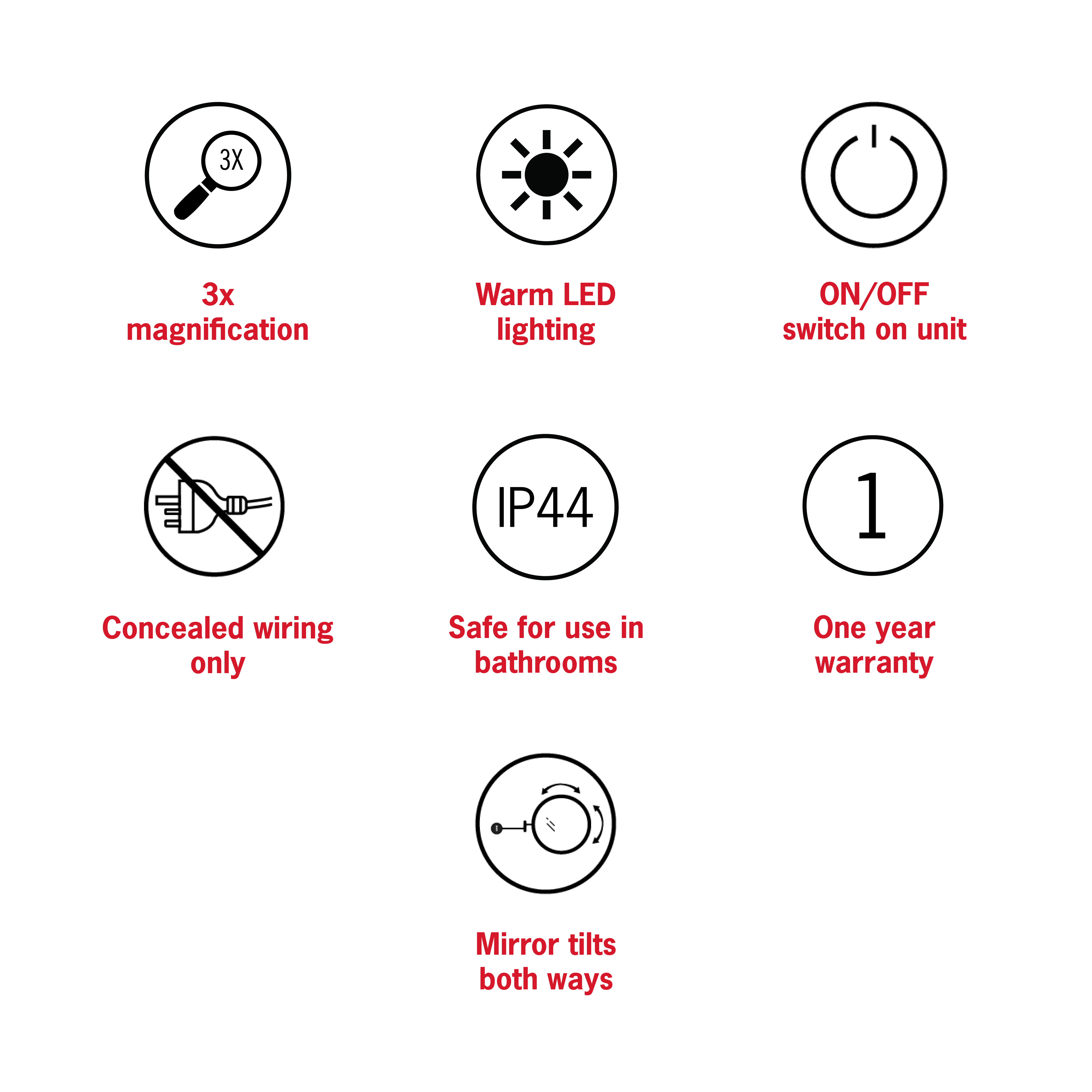 3x Magnification Chrome Wall Mounted Shaving Mirror, 250mm Diameter with Concealed Wiring