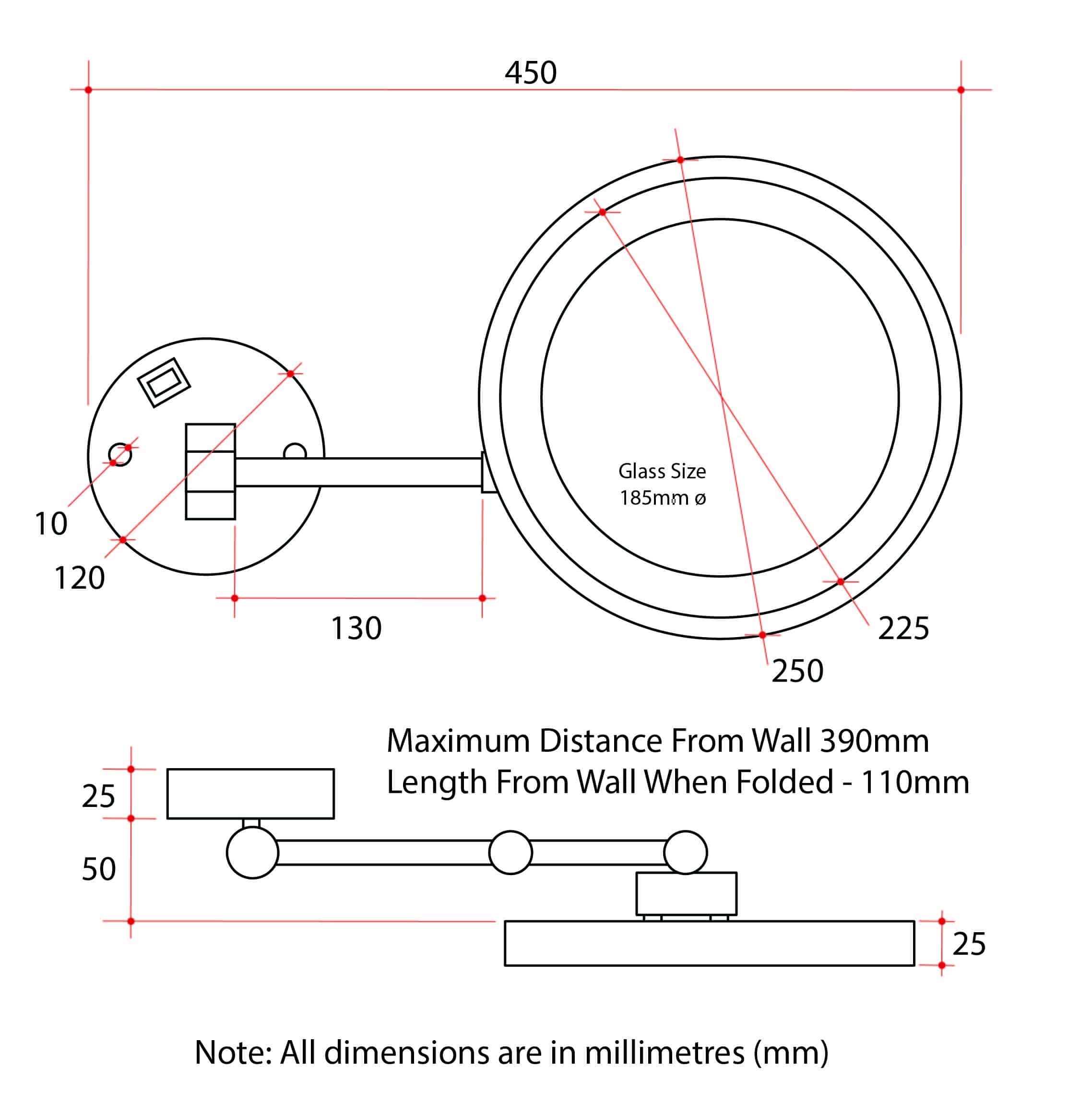 5x Magnification Chrome Wall Mounted Shaving Mirror, 250mm Diameter with Concealed Wiring