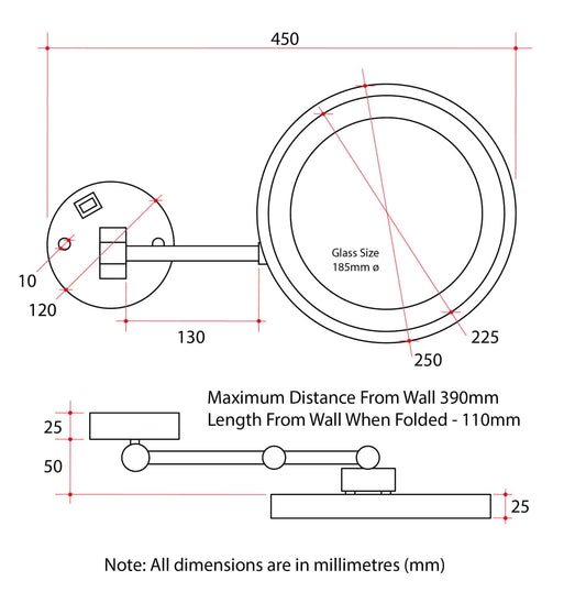 5x Magnification Chrome Wall Mounted Shaving Mirror, 250mm Diameter with Concealed Wiring