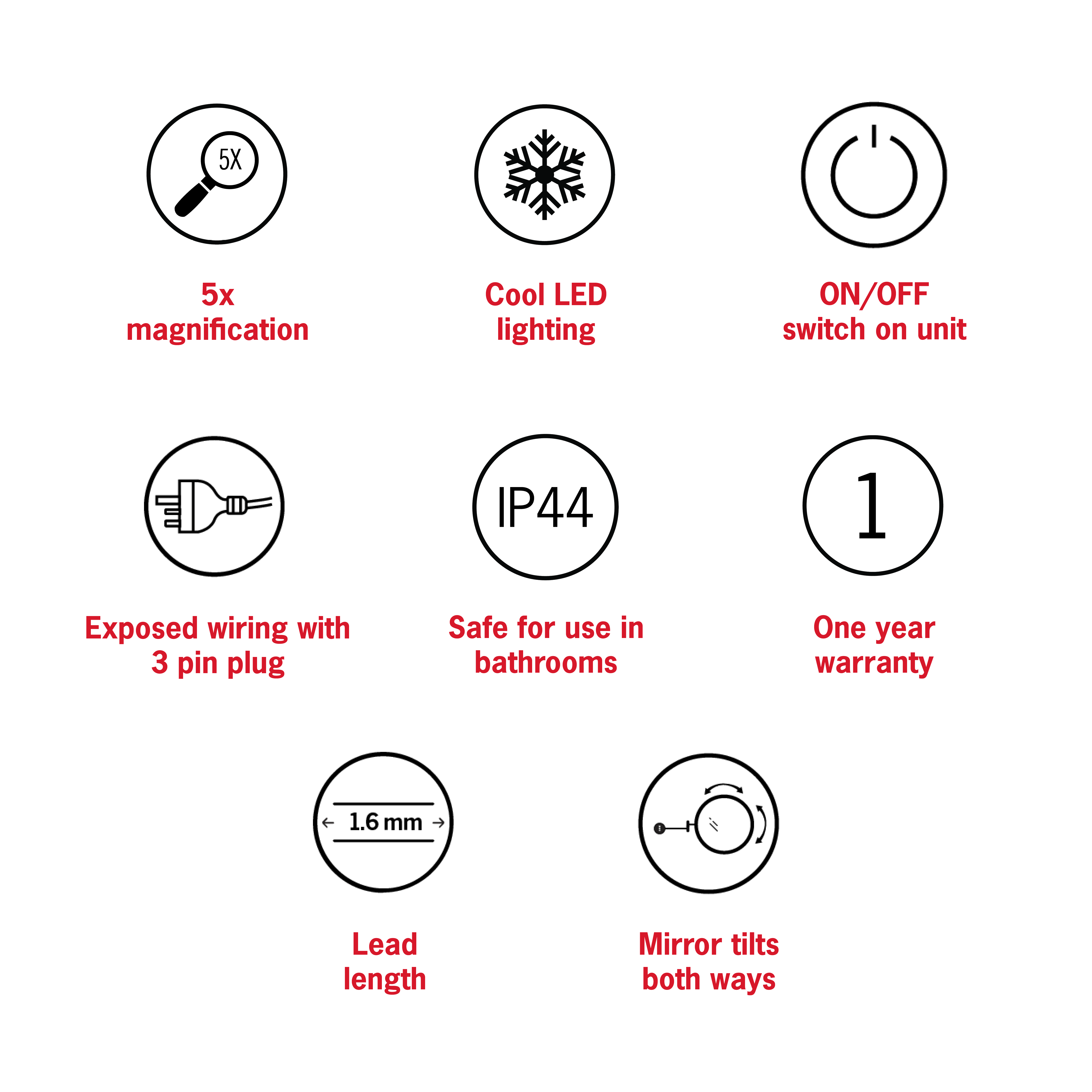 5x Magnification Chrome Wall Mounted Shaving Mirror, 250mm Diameter with Exposed Wiring