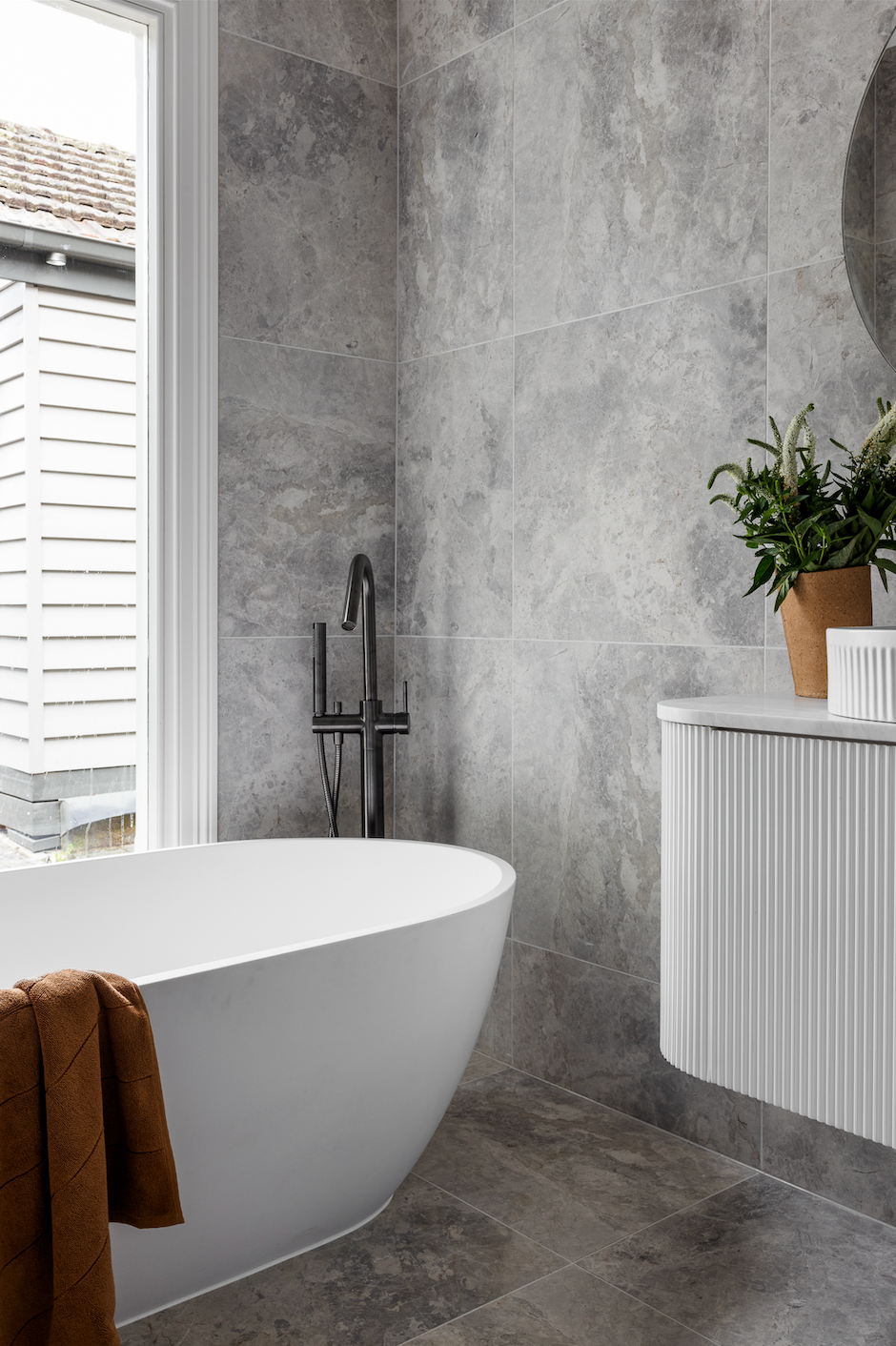 Round Freestanding Bath Spout and Hand Shower - Shadow Gunmetal