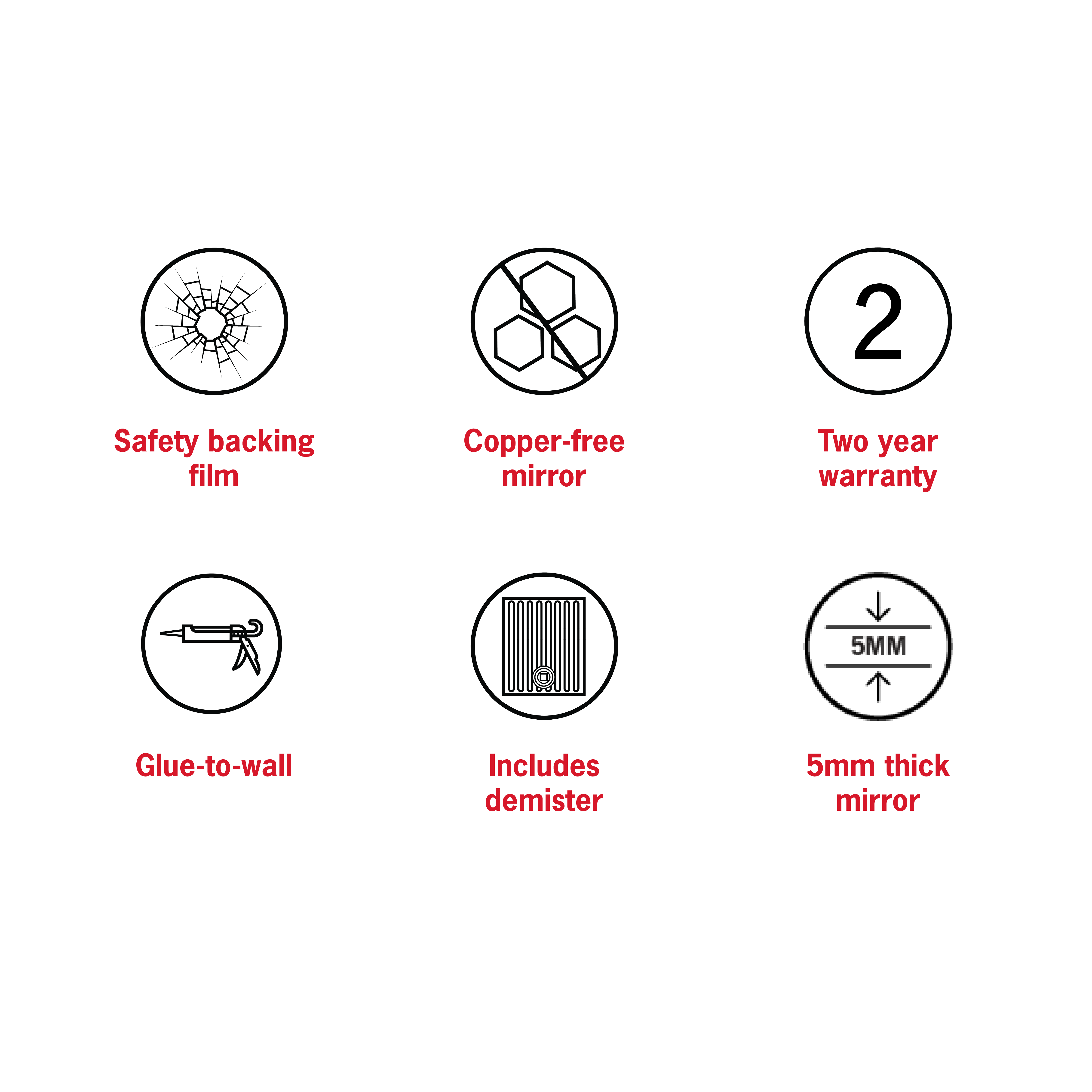 Rio Polished Edge Round Mirror - 900mmØ Glue-to-Wall and Demister