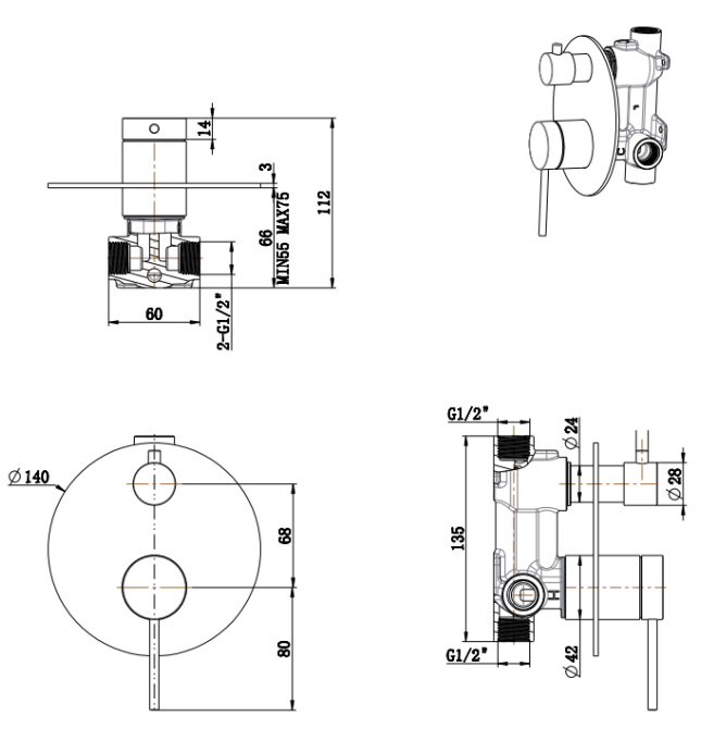 Mica Shower Mixer Diverter - 1P - TRIM KIT ONLY