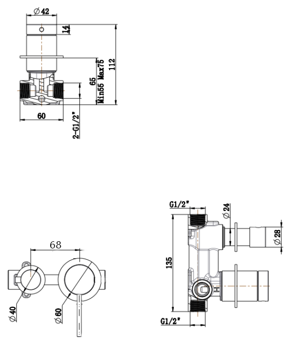 Mica Shower Mixer Diverter - Sideways - TRIM KIT ONLY