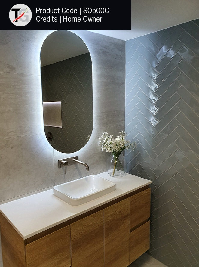 Backlit Pill Shape Mirror with Cool Light 500x1000x45mm 61Watts - Includes Mirror Demister