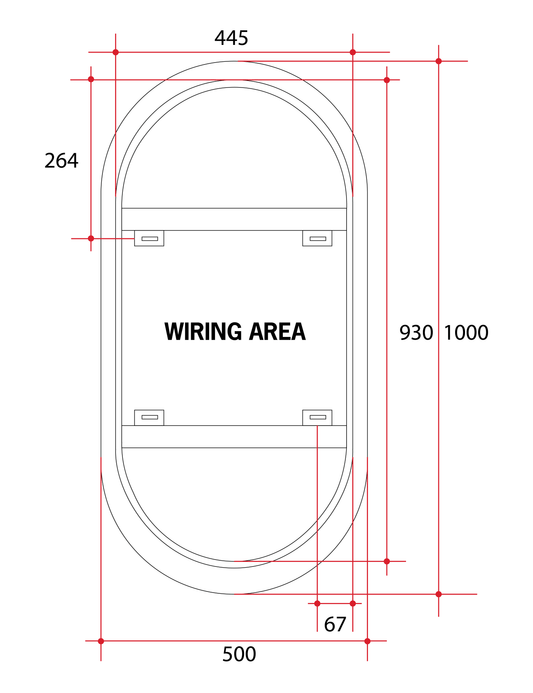 Backlit Pill Shape Mirror with Cool Light 500x1000x45mm 61Watts - Includes Mirror Demister