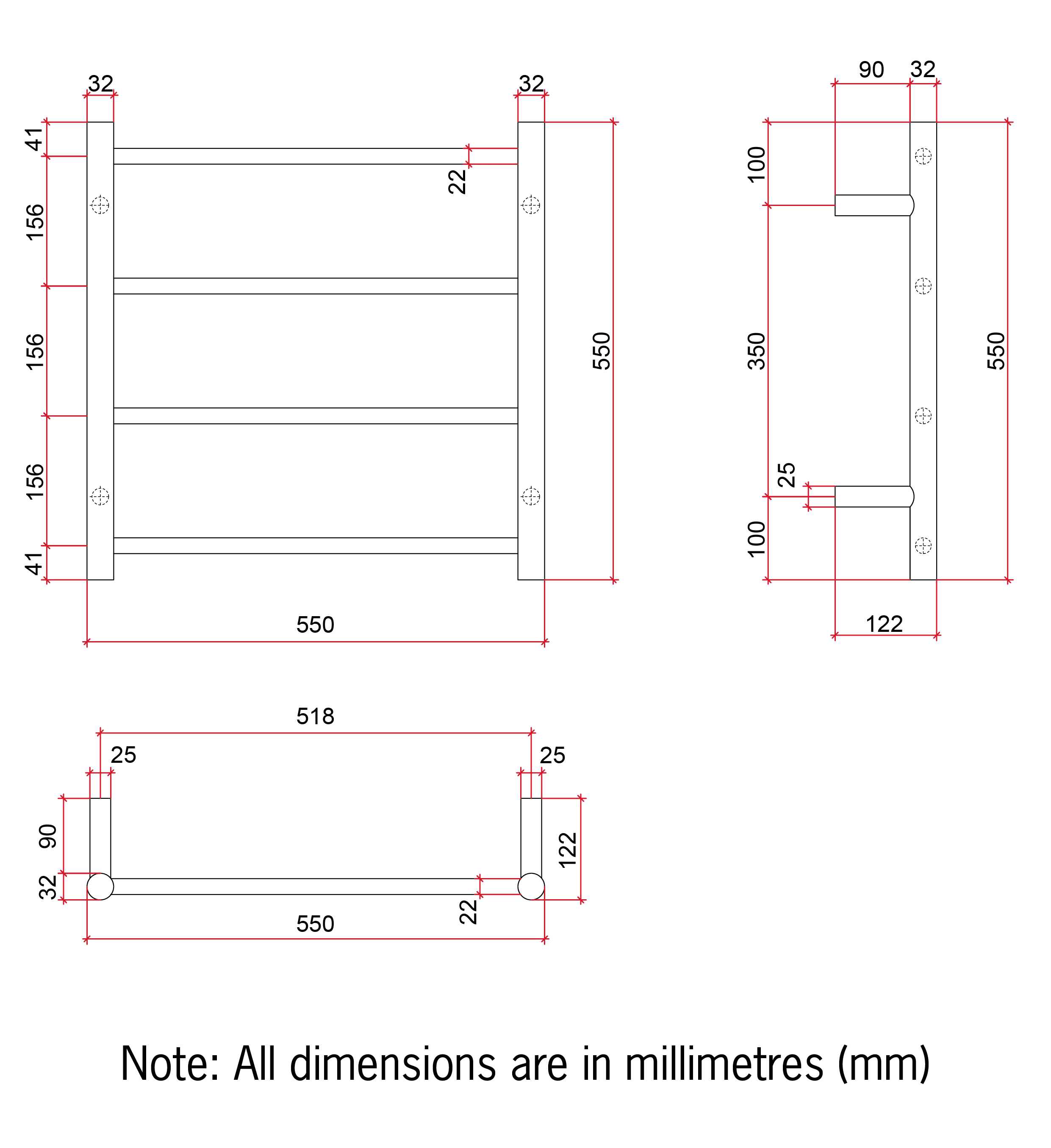 Thermorail Straight/Round 12Volt 550x550x122mm 65Watts 4 Bars