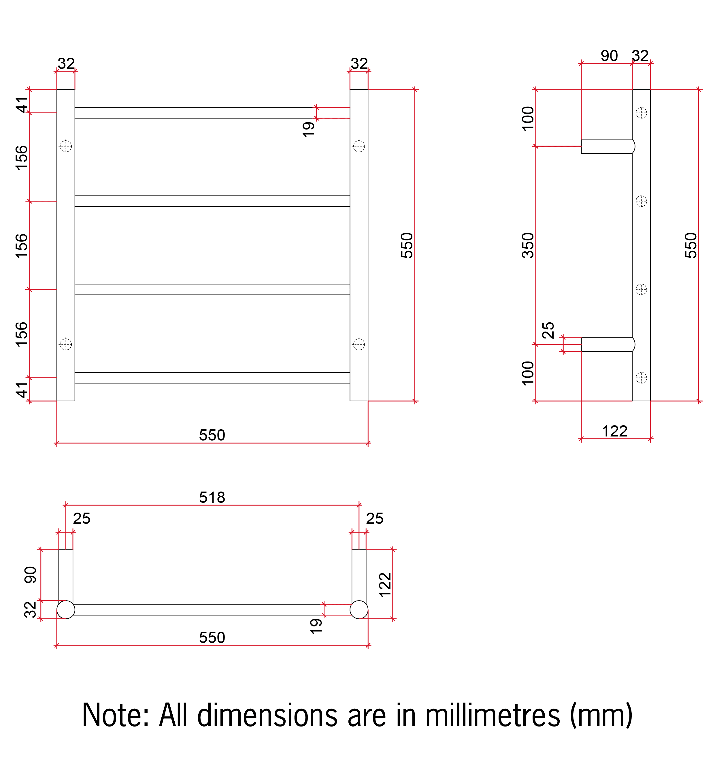 Thermorail Straight/Round 550x550x122mm 41Watts 4 Bars - Brushed Brass