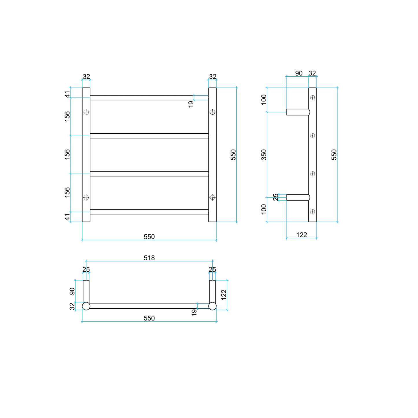 Thermorail Straight/Round 550x550x122mm 41Watts 4 Bars - Gun Metal