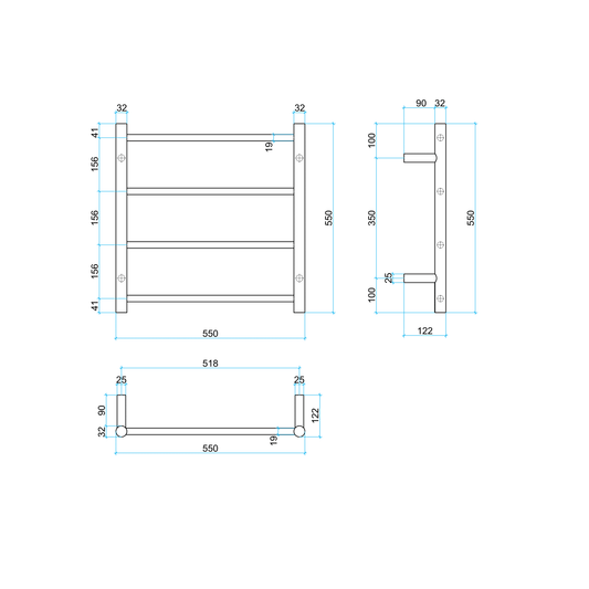 Thermorail Straight/Round 550x550x122mm 41Watts 4 Bars - Gun Metal