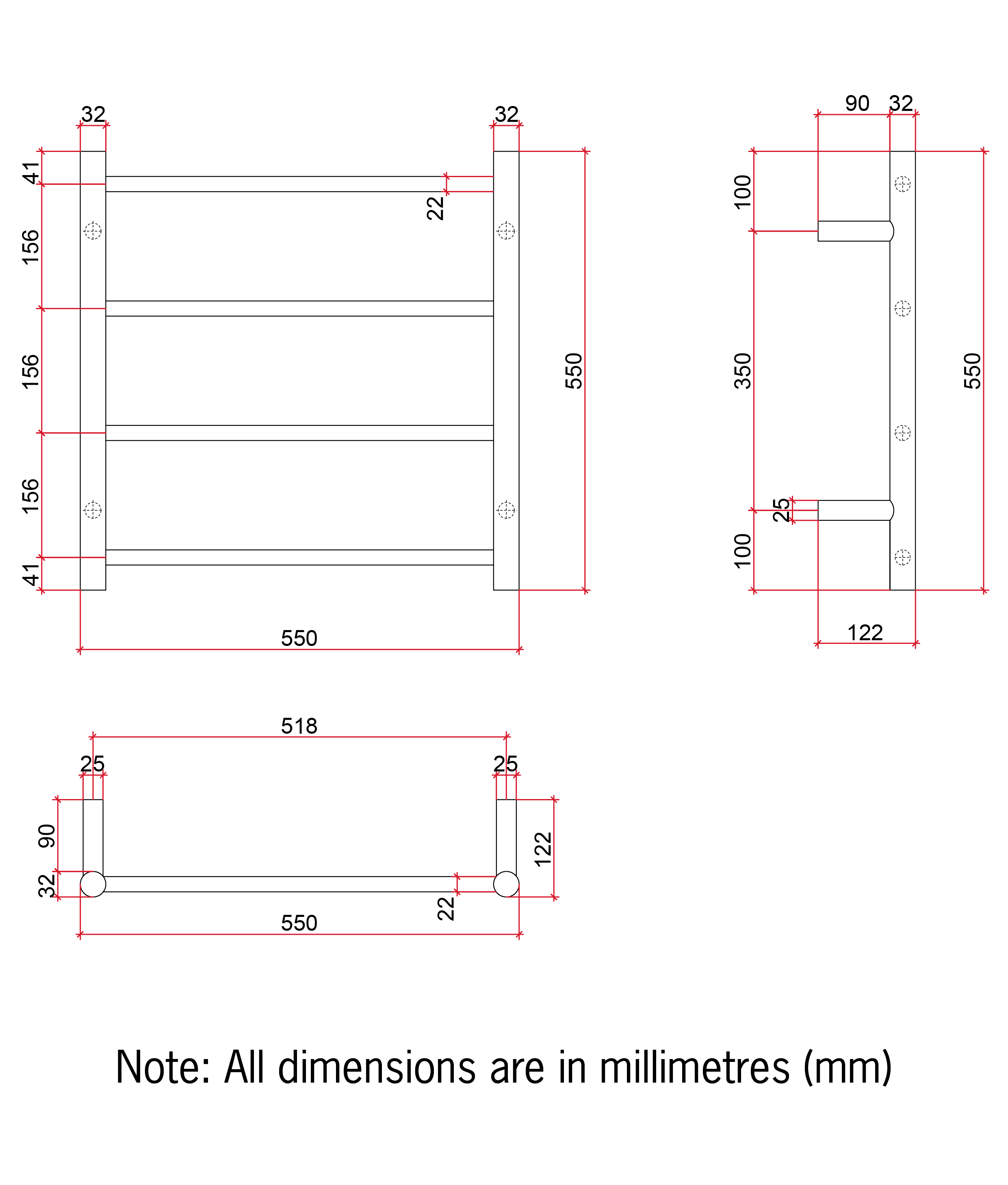 Thermorail Straight/Round 12Volt 550x550x122mm 65Watts 4 Bars - Brushed