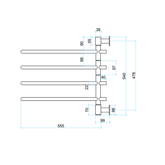 Thermorail Non-Heated Swivel, Straight/Round 600x540x99mm 4Bars