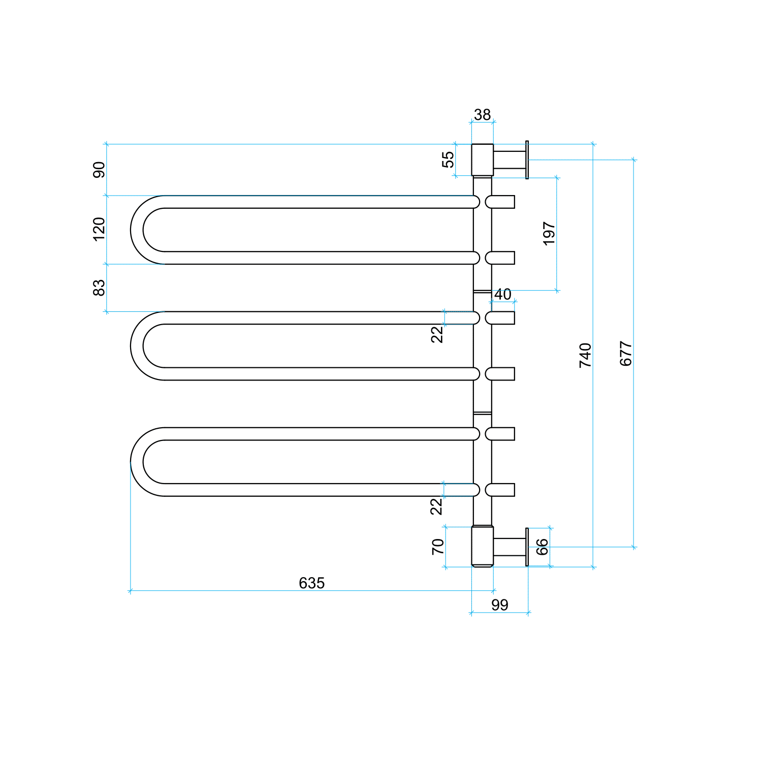 Thermorail Swivel, Straight/Round 675x740x99mm 77Watts 6Bars