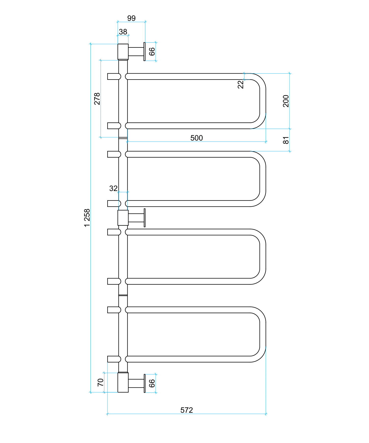 Thermorail Swivel, Straight/Round 570x1260x99mm 88Watts 8Bars