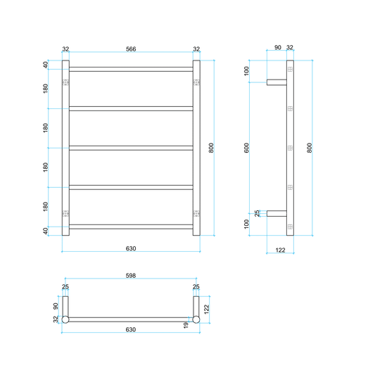 Thermorail Non-Heated Straight/Round Ladder 630x800x122mm 5 Bars - Matt Black