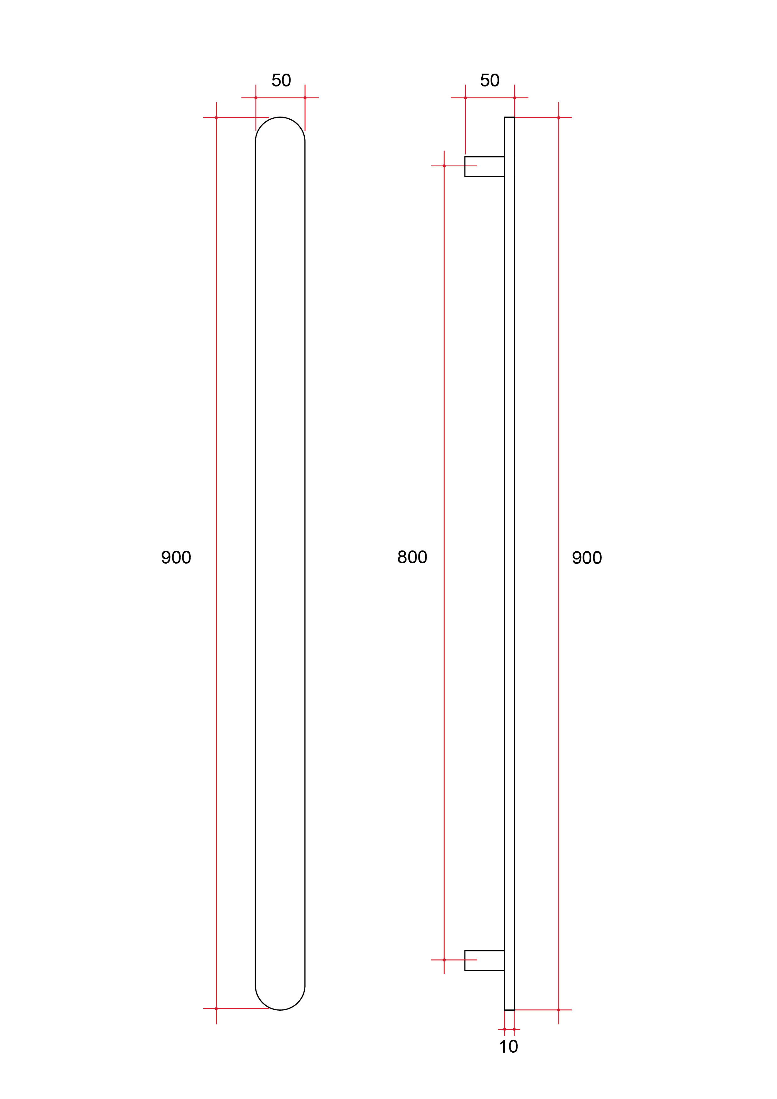 Thermorail Flat/Pill 12Volt Vertical Bar 900x50x50mm 20Watts - Brushed