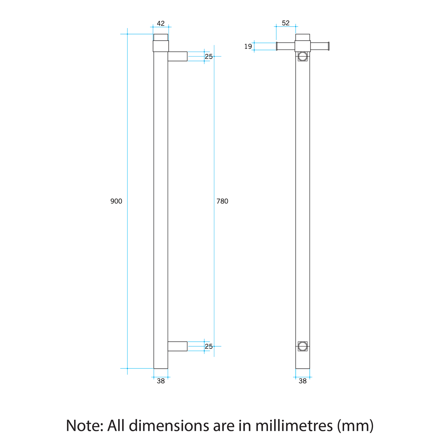 Thermorail Straight/Round Non-Heated Vertical Bar 900x142x100mm With Optional Hook - Brushed Stainless