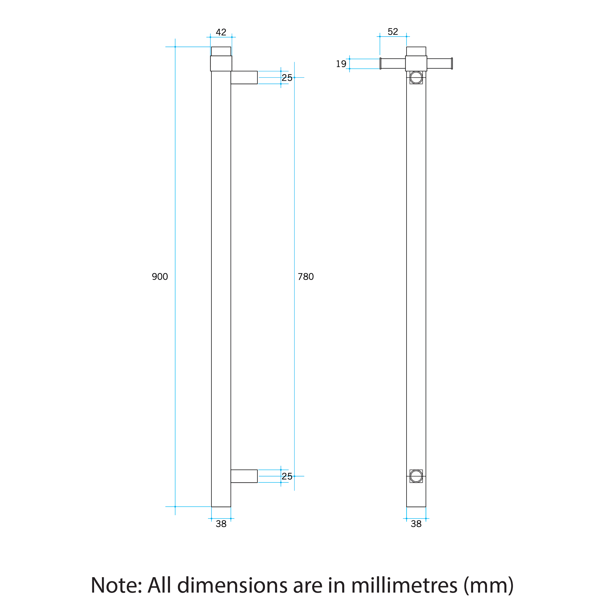 Thermorail Straight/Round Non-Heated Vertical Bar 900x142x100mm With Optional Hook - Brushed Stainless