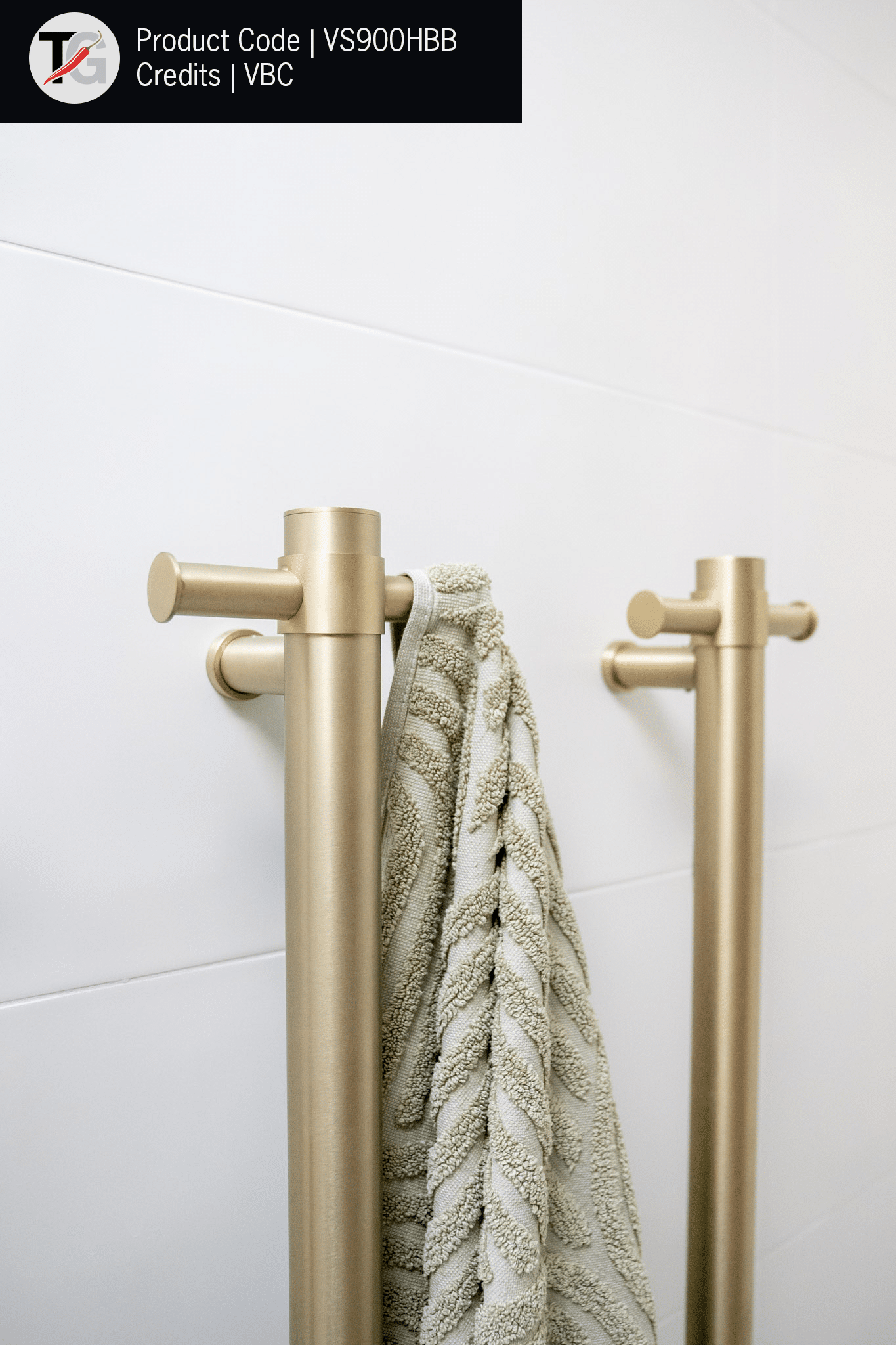 Thermorail Straight/Round 12Volt Vertical Bar 900x142x100mm 22Watts With Optional Hook - Brushed Brass