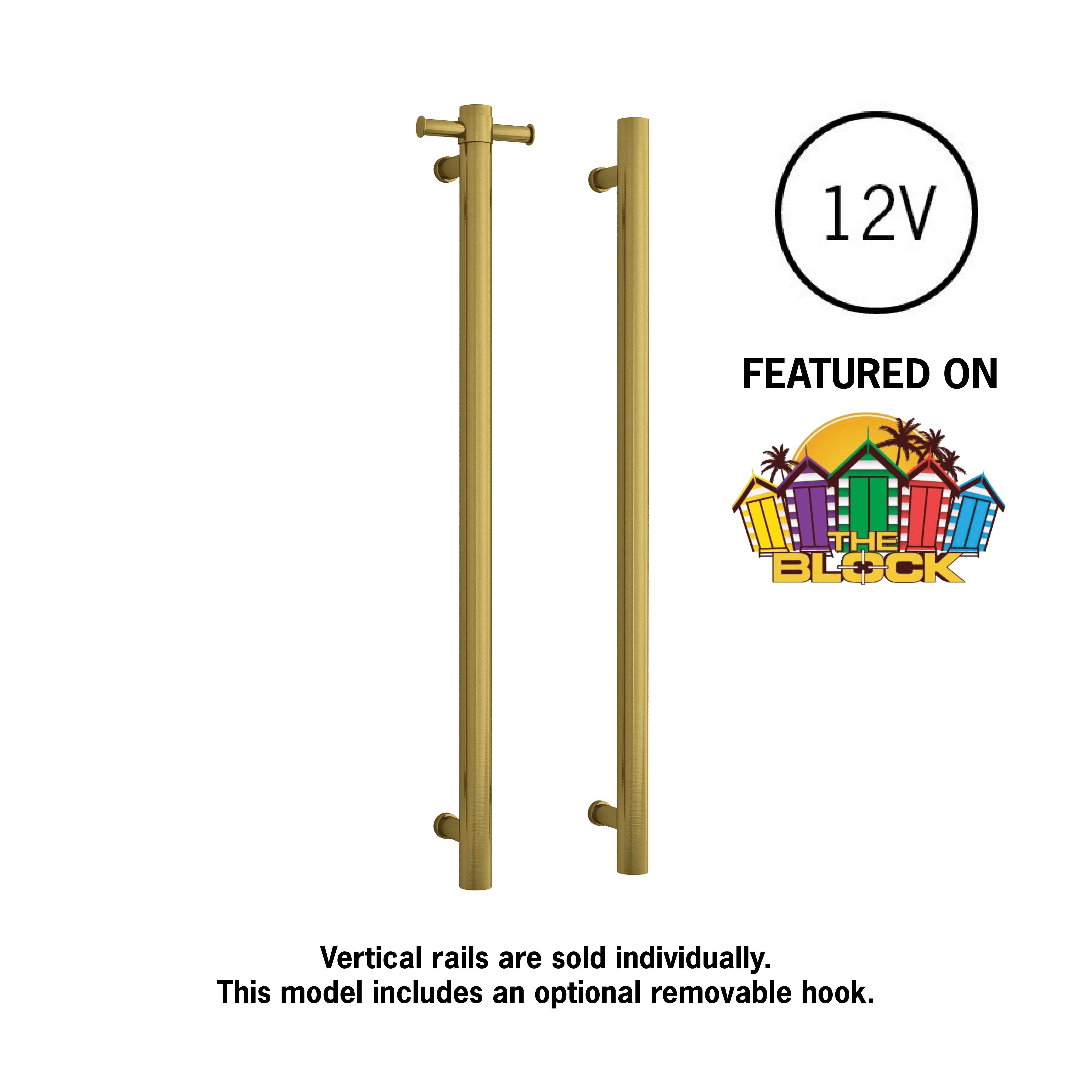Thermorail Straight/Round 12Volt Vertical Bar 900x142x100mm 22Watts With Optional Hook - Brushed Gold