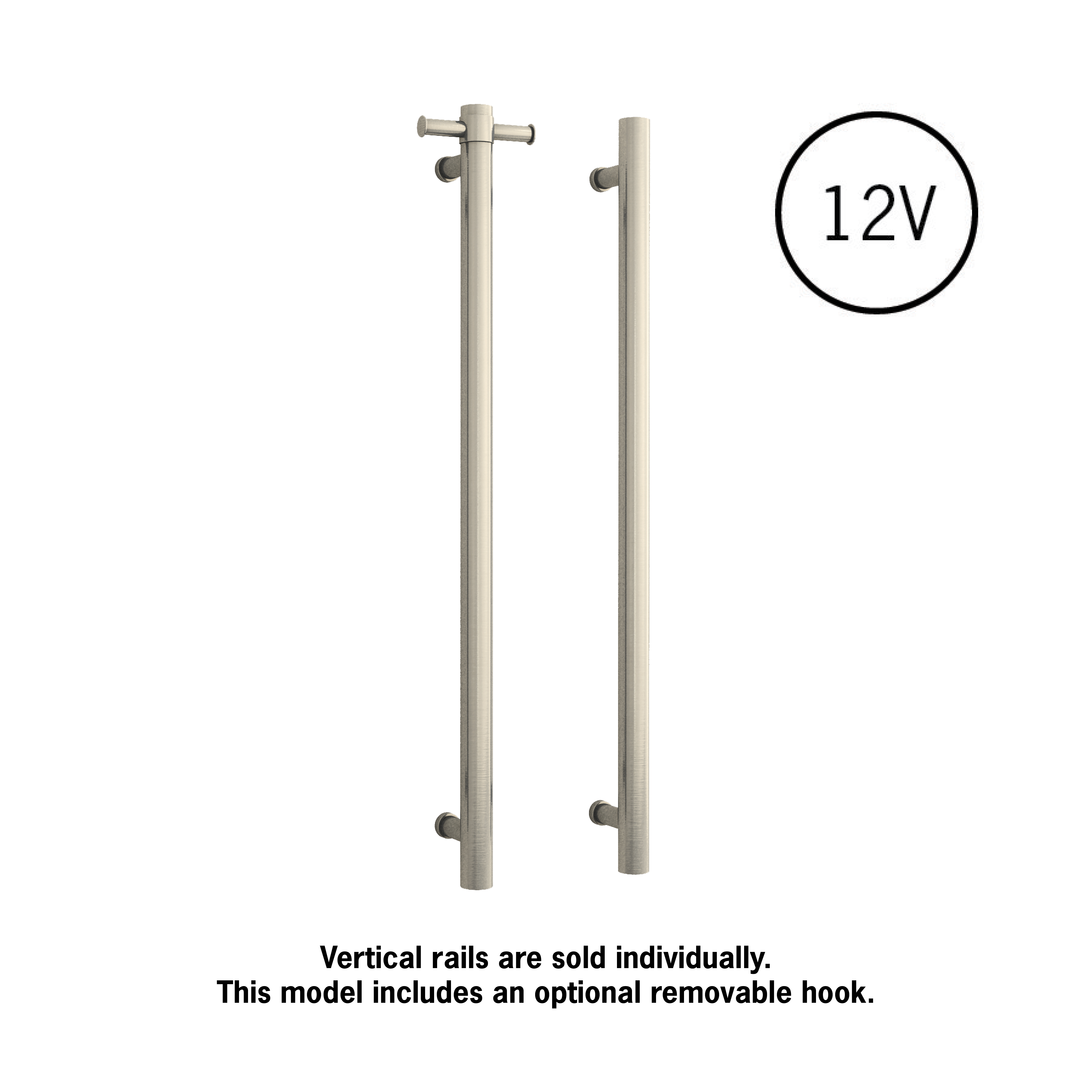 Thermorail Straight/Round 12Volt Vertical Bar 900x142x100mm 22Watts With Optional Hook - Brushed Nickel