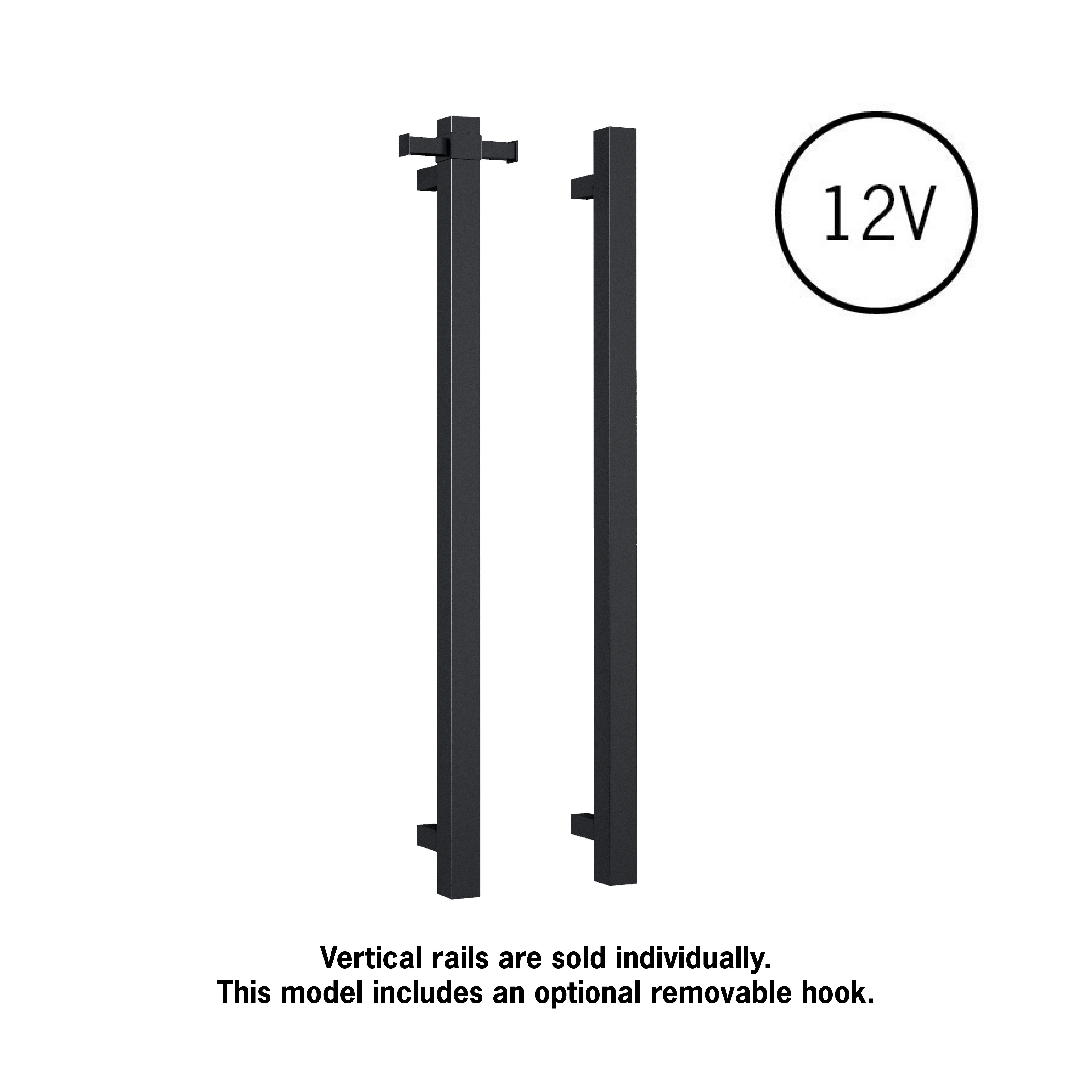 Thermorail Square 12Volt Vertical Bar 900x142x100mm 29Watts With Optional Hook - Matt Black