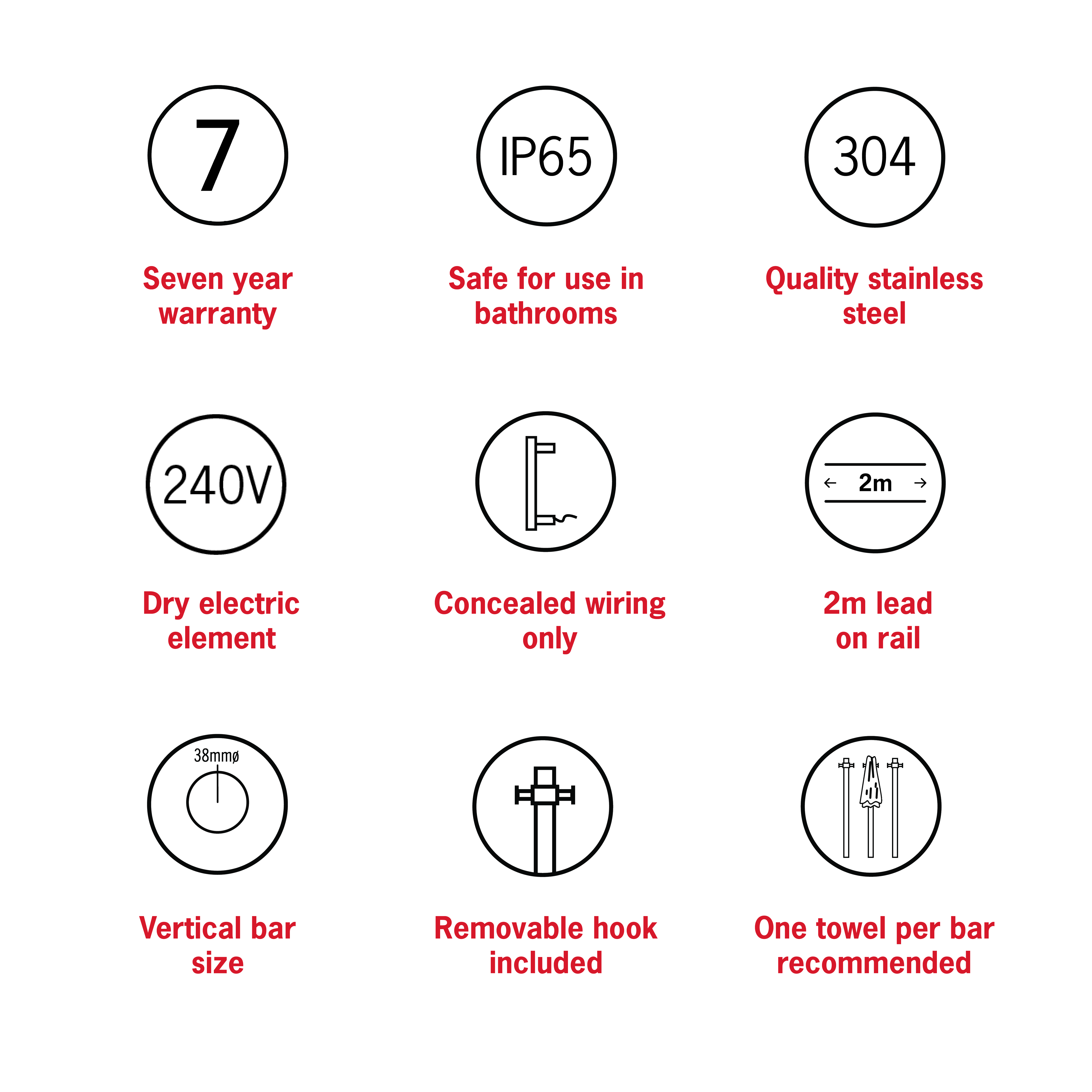 Thermorail Straight/Round 240Volt Vertical Bar 900x142x100mm 22Watts With Optional Hook - Matt White